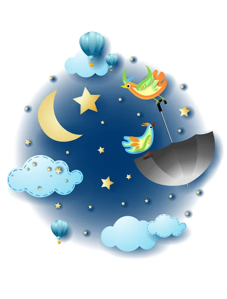 Night Landscape Flying Umbrella Birds Fairy Tale Vector Illustration Eps10 — Stockvector