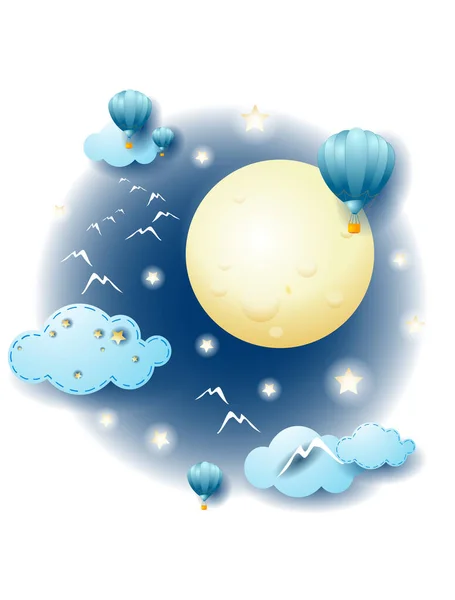 Nachtlandschap Met Wolken Volle Maan Fantasie Illustratie Vector Eps10 — Stockvector