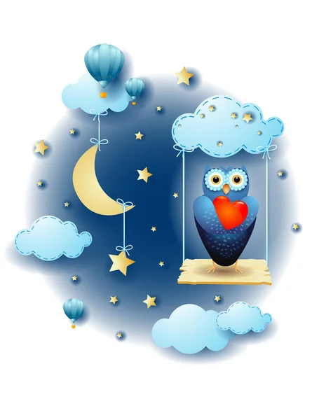 Night Landscape Hanging Stars Swing Owl Love Vector Illustration Eps10 — Stock Vector