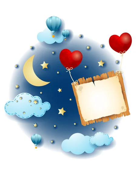 Night Landscape Flying Sign Hearts Fairy Tale Vector Illustration Eps10 — Stock Vector