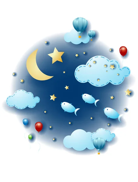 Éjszakai Táj Felhőkkel Repülő Halakkal Fantázia Illusztráció Vektor Eps10 — Stock Vector