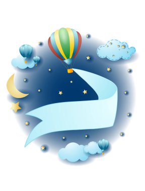 Sıcak hava balonu ve boş afişi olan gece manzarası, fantezi illüstrasyonu. Vektör Eps10