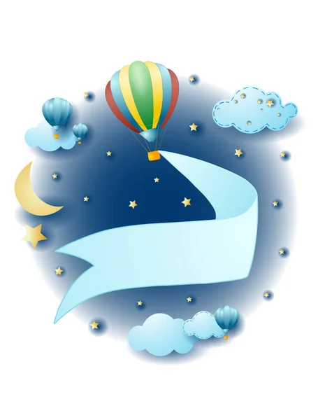 Nachtlandschaft Mit Heißluftballon Und Leerem Banner Fantasie Illustration Vektor Eps10 — Stockvektor