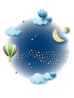 Sıcak hava balonu ve yıldız dalgalarıyla gece manzarası, fantezi illüstrasyonu. Vektör Eps10