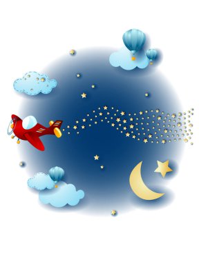 Gece manzarası, uçak ve yıldız dalgaları, fantezi illüstrasyonu. Vektör Eps10