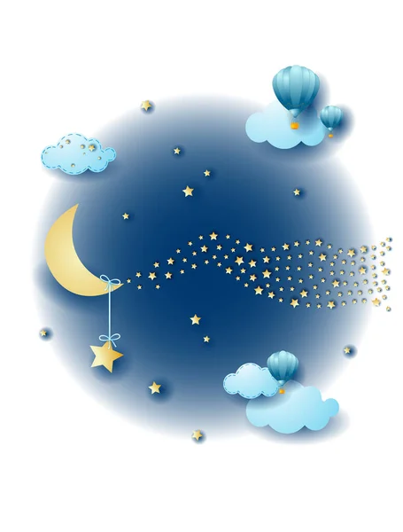 Night Landscape Crescent Moon Wave Stars Fantasy Illustration Vector Eps10 — ストックベクタ