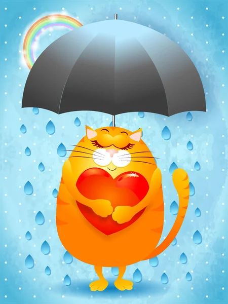 Cute Kitten Love Umbrella Rain Rainbow Vector Illustration Eps10 — Stockvektor