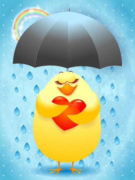 Cute Chick Love Umbrella Rain Rainbow Vector Illustration Eps10 — Stockvektor