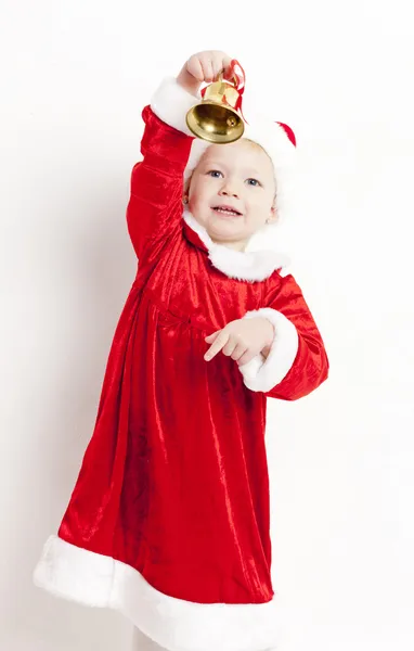 Kleines Mädchen als Weihnachtsmann mit Weihnachtsgeschenken — Stockfoto