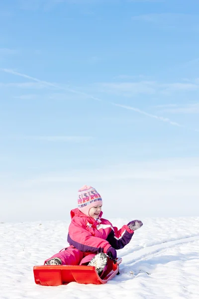 Holčička s Bobem ve sněhu — Stock fotografie