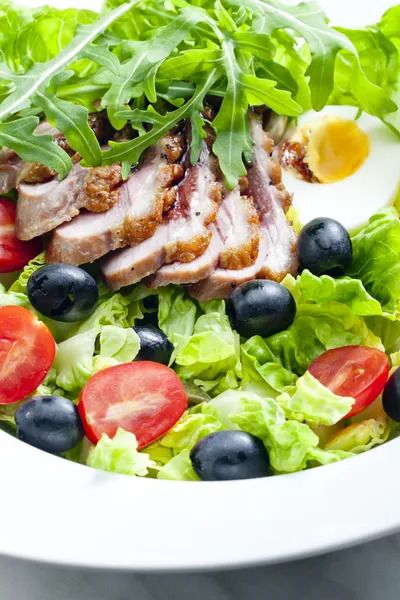 Ensalada de verduras con rodajas de pechuga de pato frito y huevo — Foto de Stock