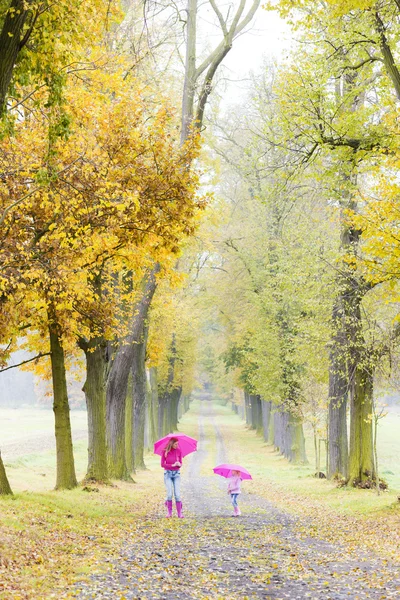 Moeder en haar dochter met paraplu's in herfst steegje — Stockfoto