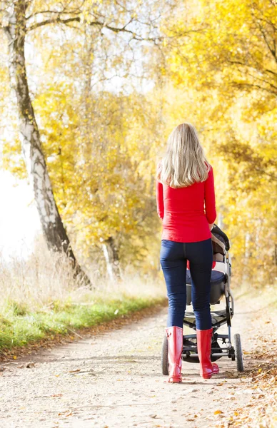 Moeder en haar dochter met een kinderwagen op wandeling in herfst steegje — Stockfoto