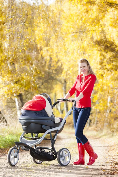 Mãe e sua filha com um carrinho de bebê em passeio no beco outonal — Fotografia de Stock