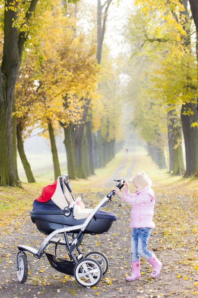 Kleines Mädchen mit Kinderwagen auf Spaziergang in herbstlicher Gasse — Stockfoto