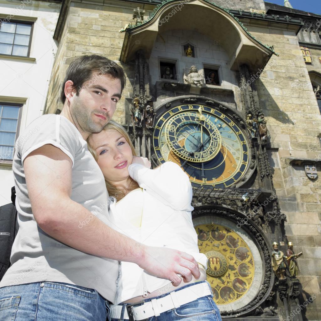 couple in Prague, Horloge, Old Town Hall, Czech Republic
