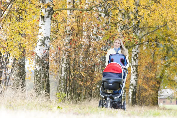 Woman with a pram on walk in autumnal nature — Stock Photo, Image