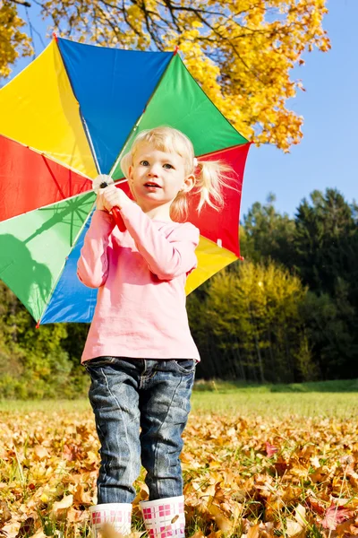 Маленька дівчинка з парасолькою в автономній природі — стокове фото