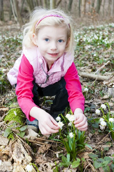 Kislány tavaszi természet hópelyhek — Stock Fotó