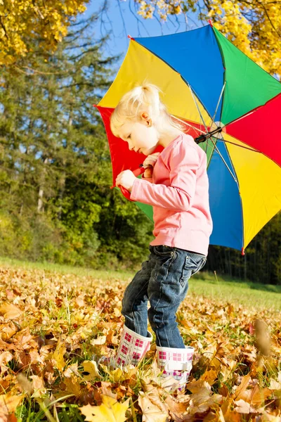 Liten flicka med paraply i höstliga naturen — Stockfoto