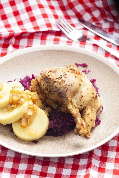 Anka kött med potatis dumlings och röd kål — Stockfoto