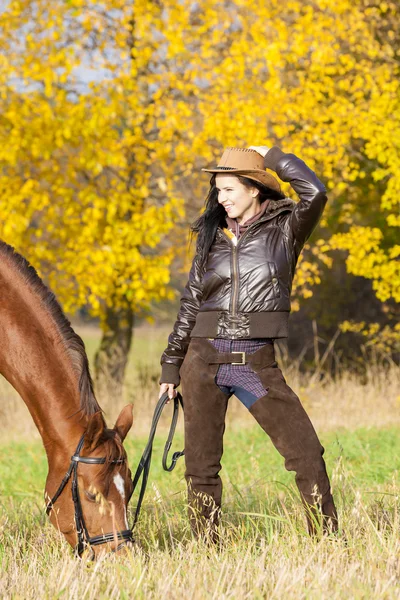Ecuestre con su caballo en naturaleza otoñal —  Fotos de Stock