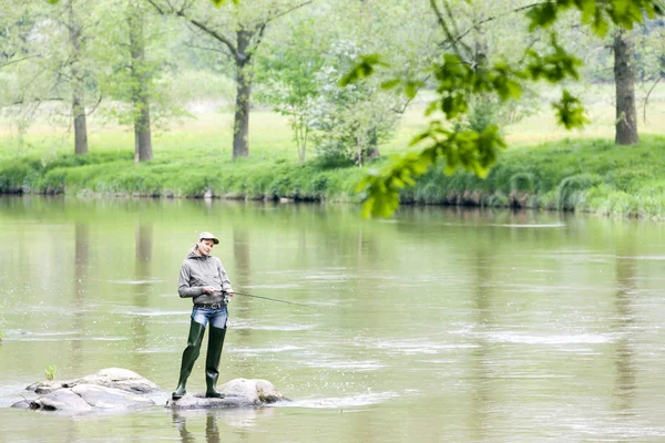 Жінка риболовля в річці Sazava, Чеська Республіка — стокове фото