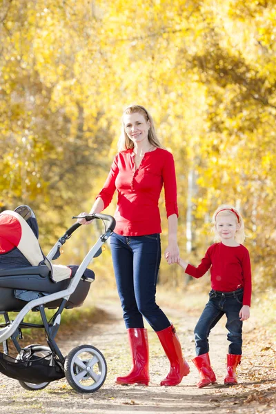 Mother and her daughter with a pram on walk in autumnal alley — Stock Photo, Image