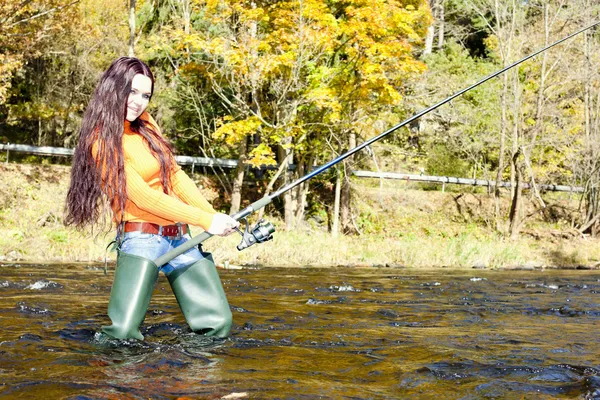 Woman fishing in Otava river, Czech Republic — Stock Photo, Image