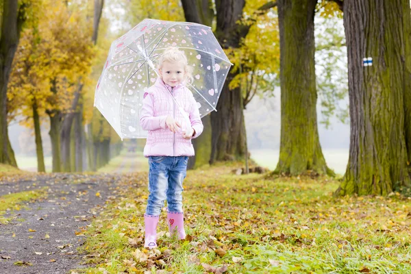 Kleines Mädchen mit Regenschirm in der herbstlichen Gasse — Stockfoto