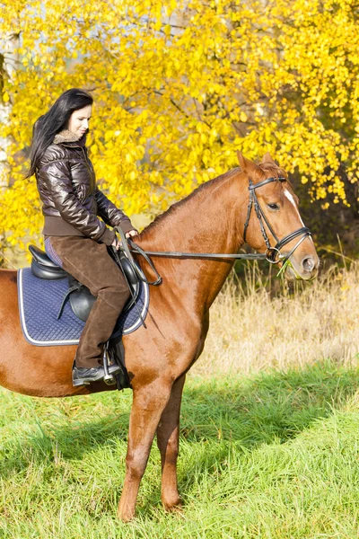 Paardensport op de rug van een paard in de herfst natuur — Stockfoto