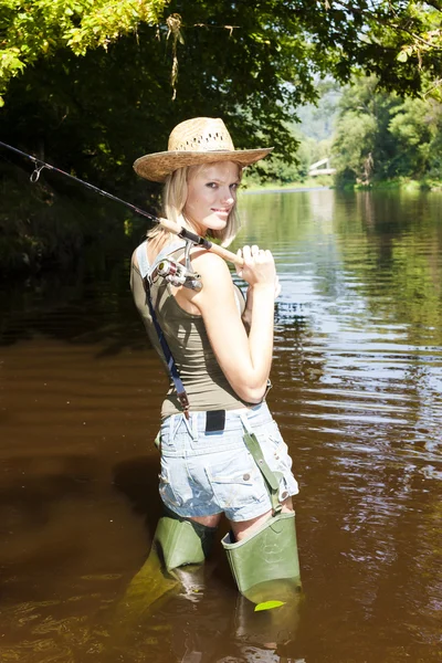 Woman fishing in Jizera river, Czech Republic — Stock Photo, Image