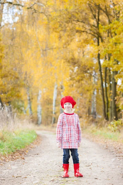 Liten flicka klädd i gummi stövlar i höstlig gränd — Stockfoto