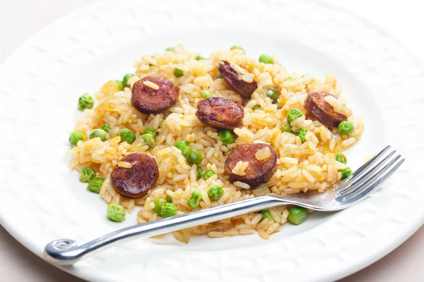 Risotto with chorizo and pea — Stock Photo, Image