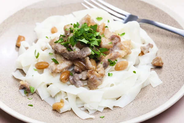 Chicken, beef and pork meat with peanuts and rice noodles — Stock Photo, Image