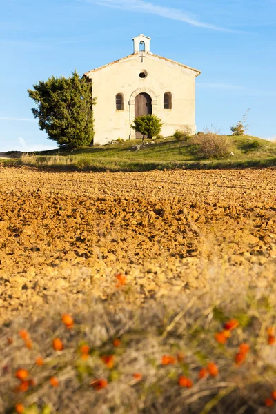 Kapell med felt, Plateau de Valensole, Provence, Frankrike – stockfoto