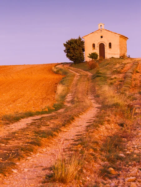 Kapell med lavendel fält, platå de valensole, provence — Stockfoto