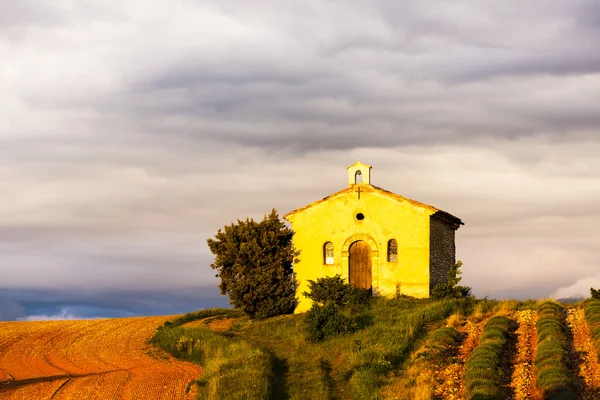 Capela com campo de lavanda — Fotografia de Stock