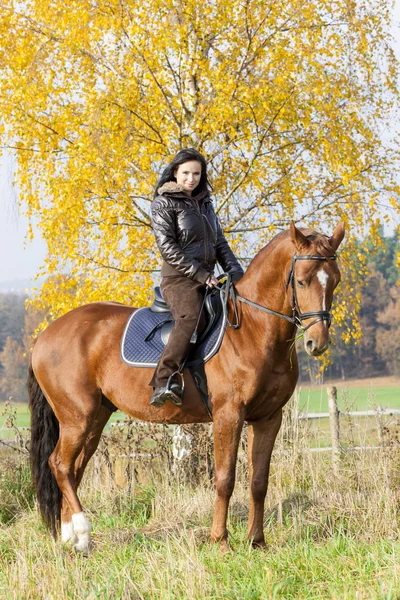 Paardensport op de rug van een paard in de herfst natuur — Stockfoto
