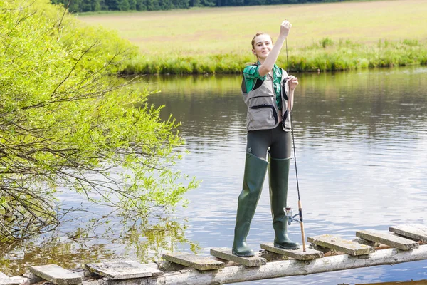 Young woman fishing — Stock Photo, Image