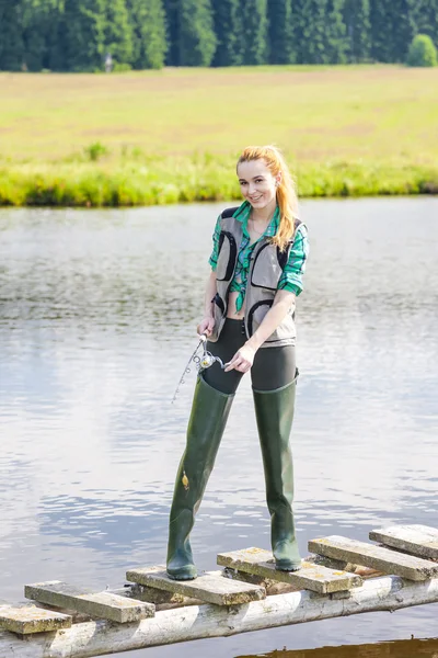 Young woman fishing — Stock Photo, Image