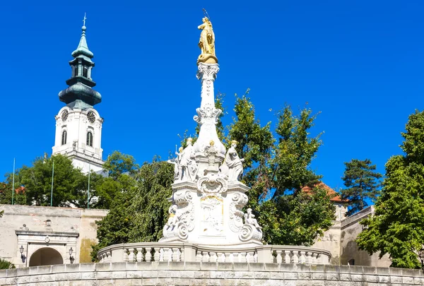 La columna de la peste y el castillo en Nitra, Eslovaquia — Foto de Stock