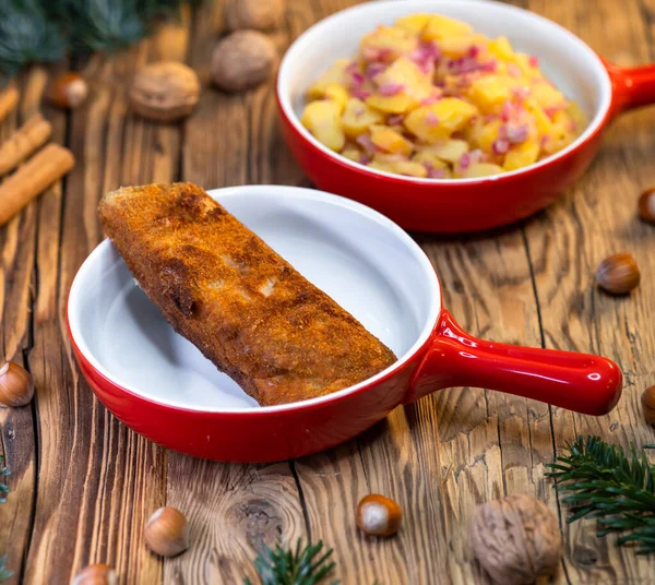 Traditional Christmas Dinner Czech Republic Carp Fillet Potato Salad — Stock Photo, Image
