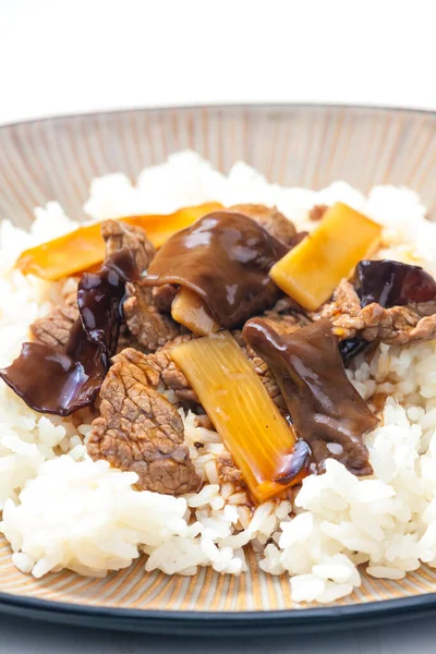 Carne Bovina Com Molho Bambu Soja Arroz — Fotografia de Stock