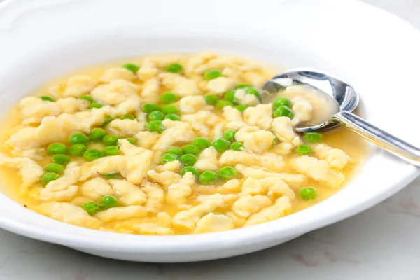 Chicken Bouillon Homemade Dumplings Green Peas — Stock Photo, Image