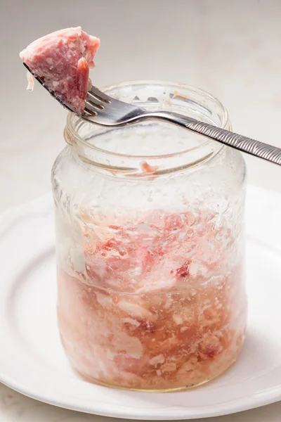 Carne Cerdo Cocida Frasco Vidrio — Foto de Stock