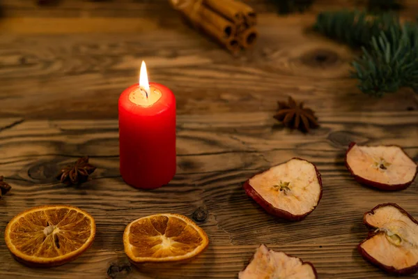 Noël Tchèque Traditionnel Sur Décoration Bois Avec Brindille Bougie Pomme — Photo