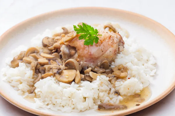 Grilled Chicken Meat Mushroom Sauce Rice — Stock Photo, Image