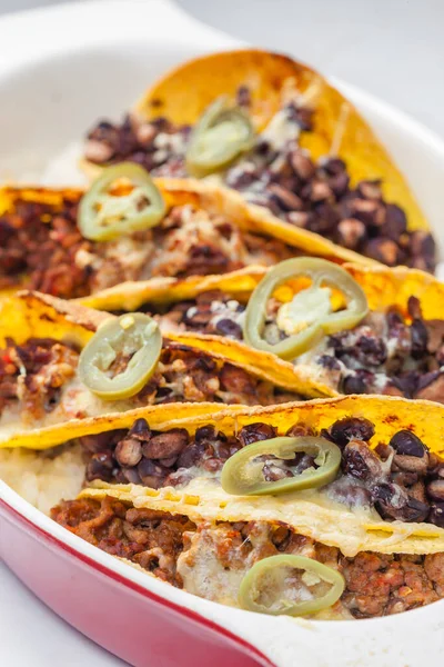 Tacos Filled Minced Meat Black Beans — Stock Photo, Image