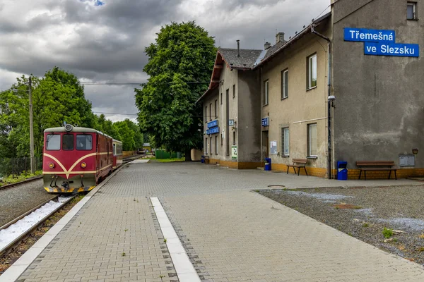 Smalspårig Järnväg Tremesna Slezsku Till Osoblaha Med Gammalt Lok — Stockfoto